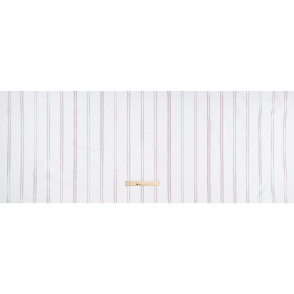 Cotton Oxford Shirting - White, Red and Navy Blue Paired Stripes - Deadstock