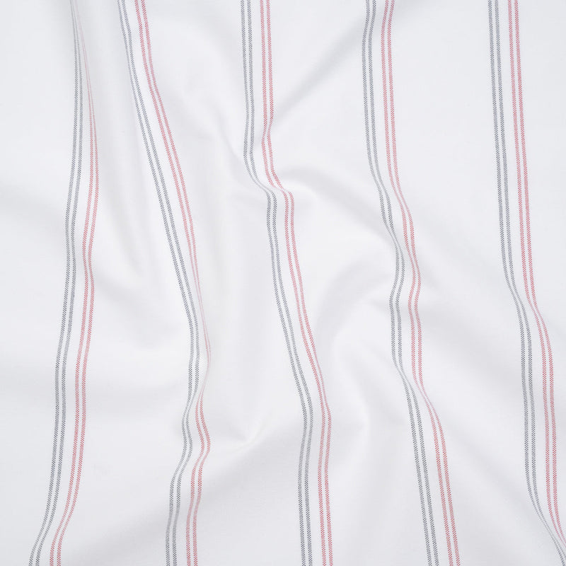 Cotton Oxford Shirting - White, Red and Navy Blue Paired Stripes - Deadstock