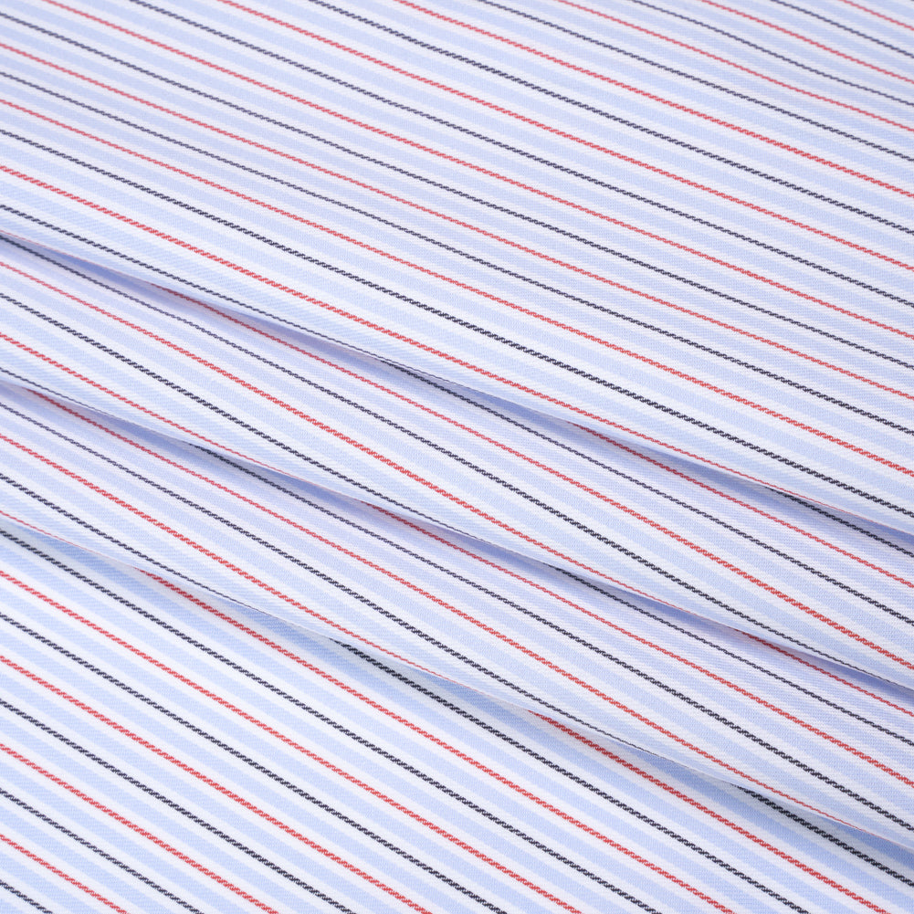 Cotton Twill Shirting - Light Blue, Red and Black Stripes - Deadstock