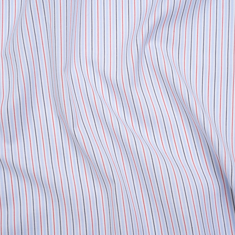Cotton Twill Shirting - Light Blue, Red and Black Stripes - Deadstock