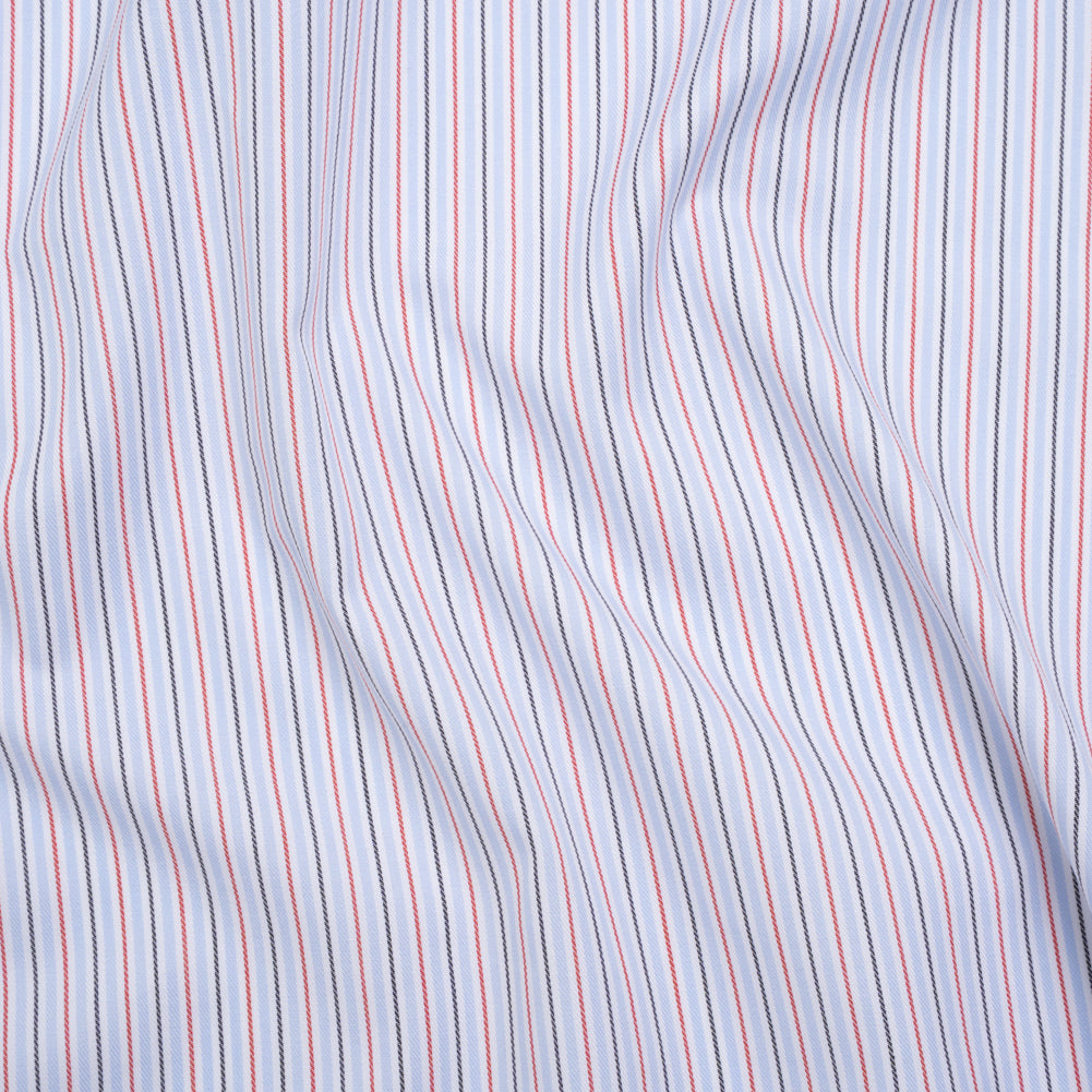 Cotton Twill Shirting - Light Blue, Red and Black Stripes - Deadstock
