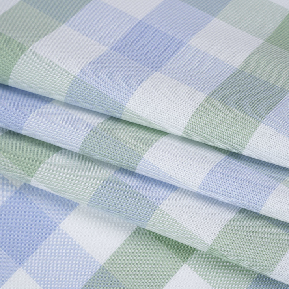 Cotton Oxford Shirting - Light Blue, Sage Green and White Big Tattersall Checks - Deadstock