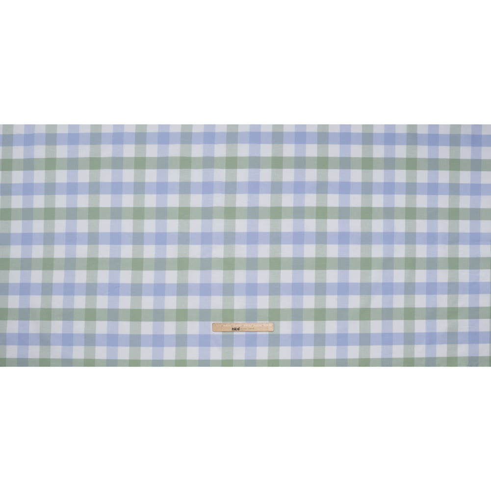 Cotton Oxford Shirting - Light Blue, Sage Green and White Big Tattersall Checks - Deadstock