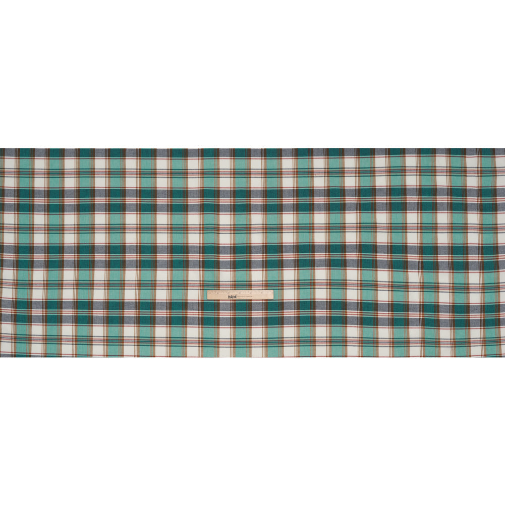 Brushed Cotton Shirting - Aqua Blue, Tan and Red Plaid - Deadstock