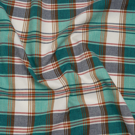 Brushed Cotton Shirting - Aqua Blue, Tan and Red Plaid - Deadstock