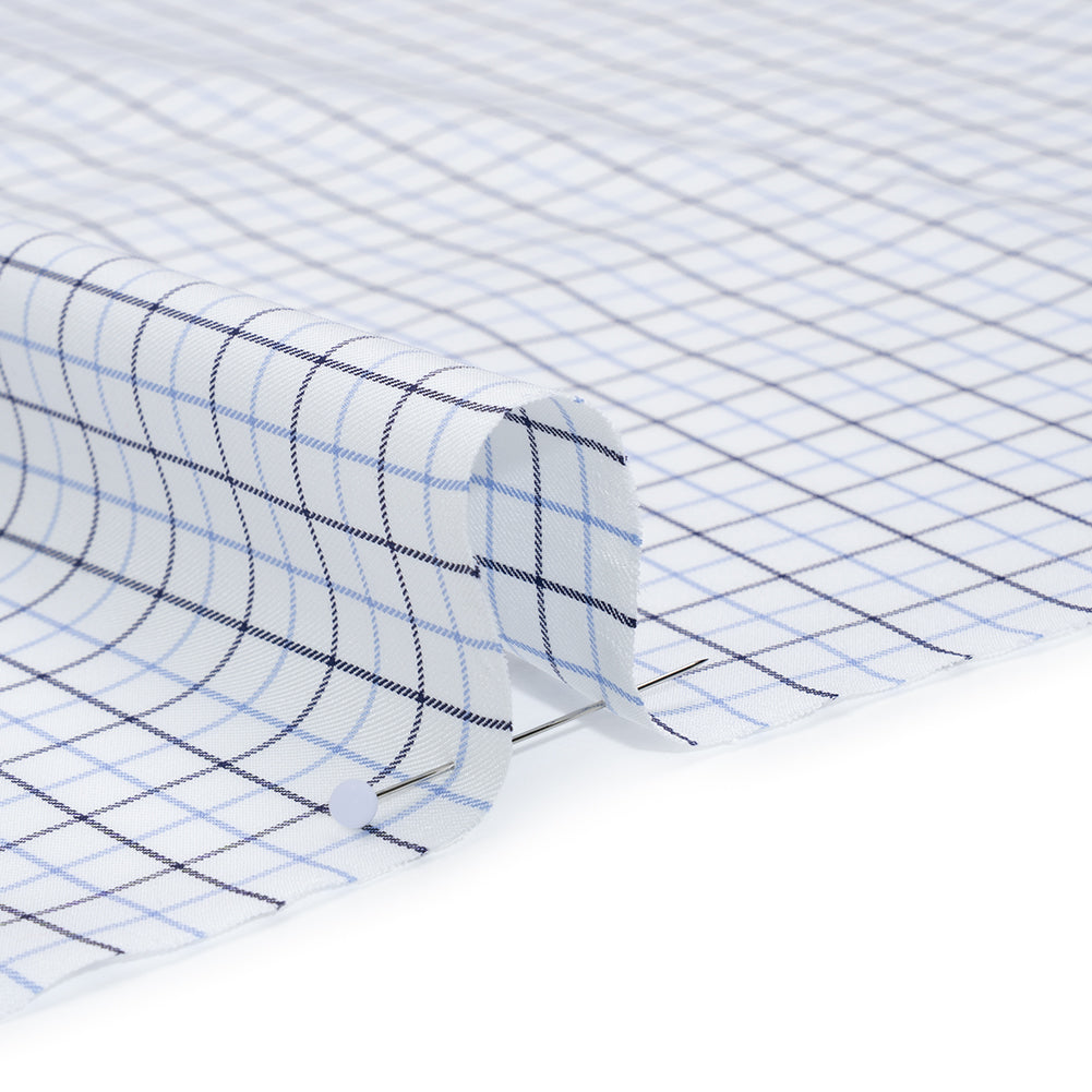 Cotton Twill Shirting - Sky Blue, Navy and White Tattersall Check - Designer Deadstock