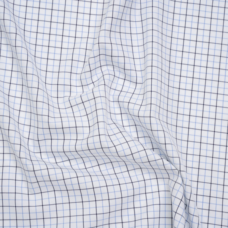 Cotton Twill Shirting - Sky Blue, Navy and White Tattersall Check - Designer Deadstock