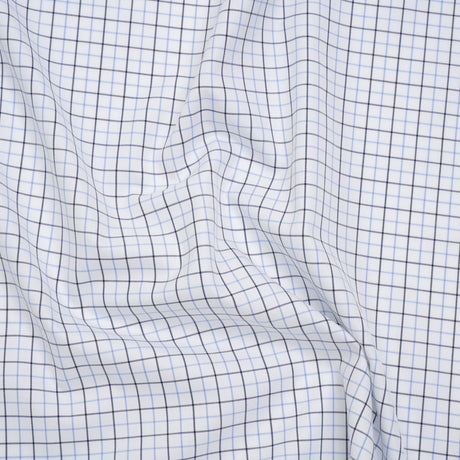 Cotton Twill Shirting - Sky Blue, Navy and White Tattersall Check - Designer Deadstock