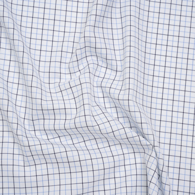 Cotton Twill Shirting - Sky Blue, Navy and White Tattersall Check - Designer Deadstock
