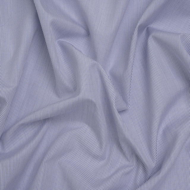 Cotton Shirting - Blue and White Tiny Windowpane Checks - Designer Deadstock
