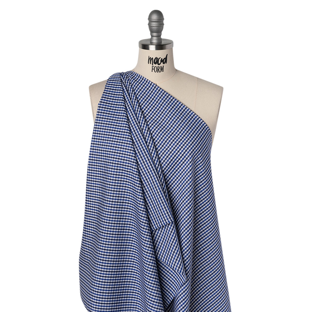 Cotton Shirting - Cobalt, Midnight Navy and White Tattersall Check - Designer Deadstock