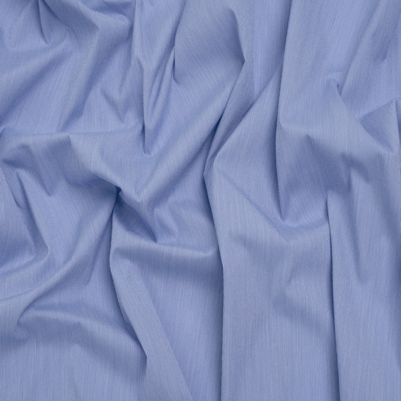 Stretch Cotton Shirting - Bold Blue and White Micro Stripes - Designer Deadstock