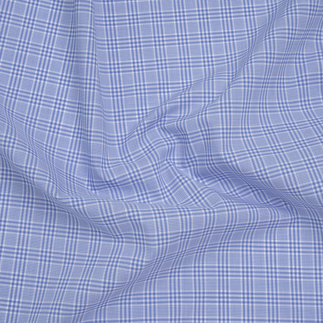 Cotton Shirting - Light Blue and White Checked Plaid - Designer Deadstock