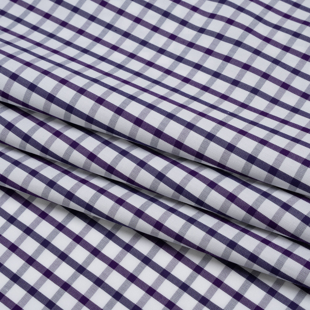 Cotton Twill Shirting - Navy Blue, Purple and White Tattersall Check - Designer Deadstock
