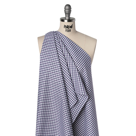 Cotton Twill Shirting - Navy Blue, Purple and White Tattersall Check - Designer Deadstock