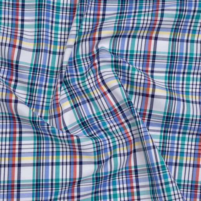 Cotton Twill Shirting - Blue, Green and Navy Colorful Plaid - Deadstock
