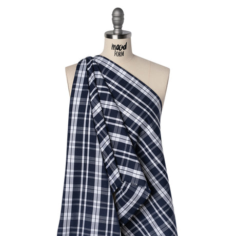 Cotton Oxford Shirting - Dark Blue and White Plaid - Deadstock