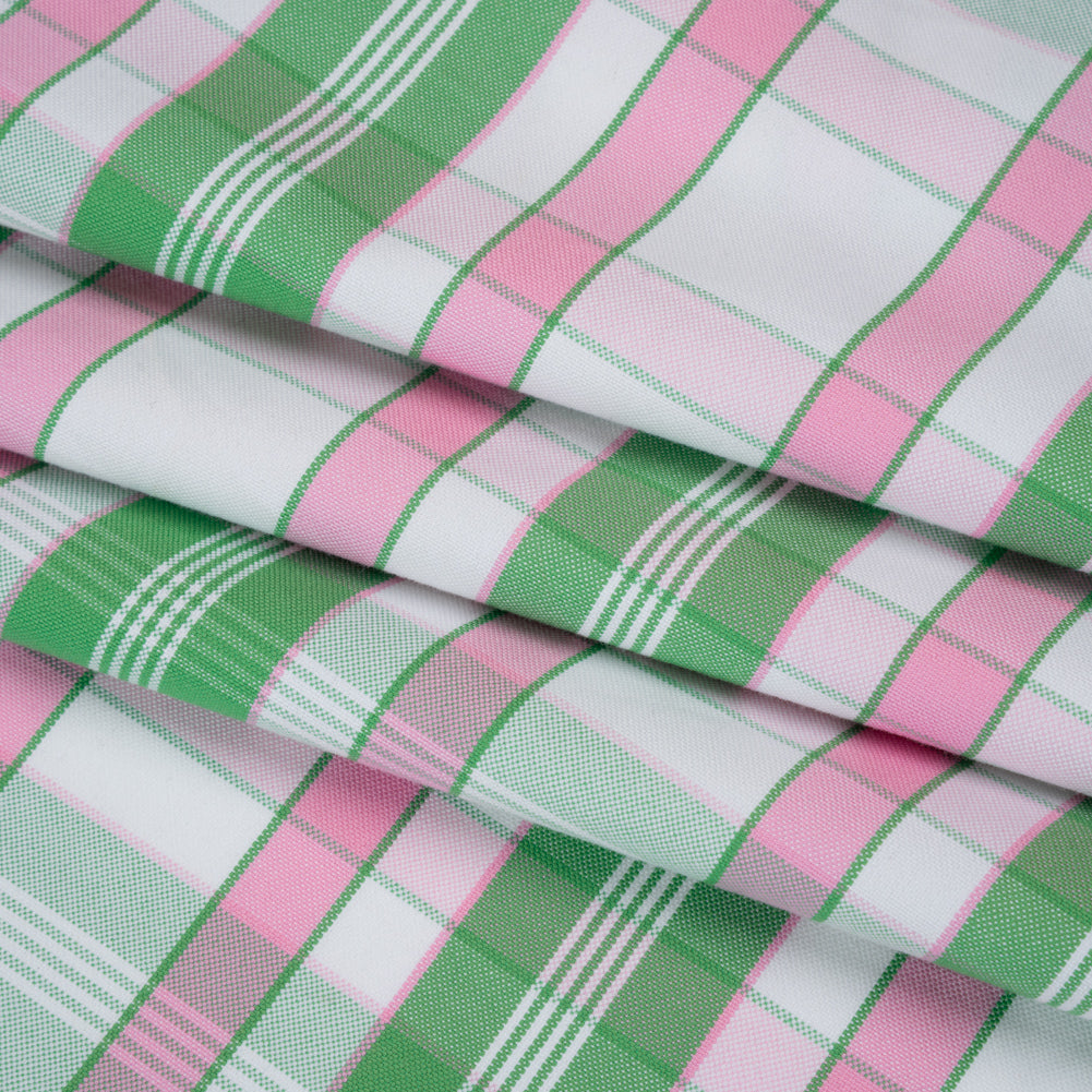 Cotton Oxford Shirting - Bubblegum Pink, Kelly Green and White Plaid - Deadstock