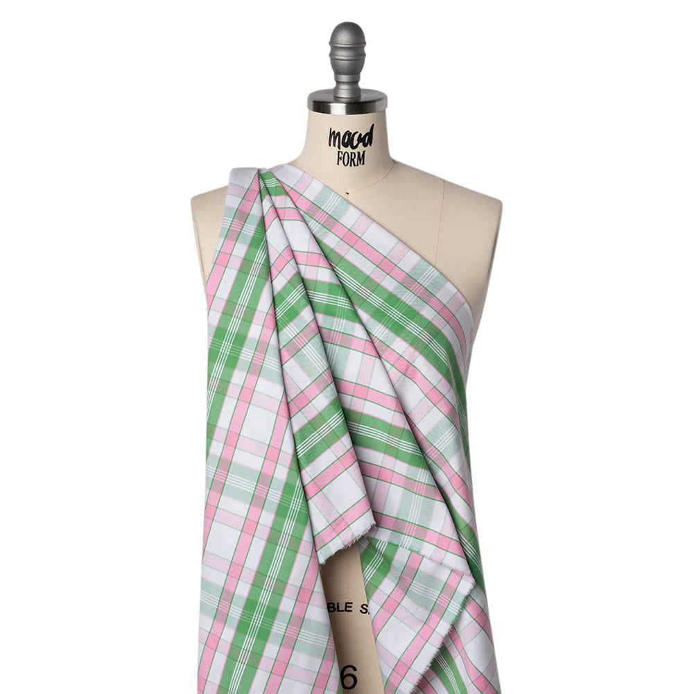 Cotton Oxford Shirting - Bubblegum Pink, Kelly Green and White Plaid - Deadstock