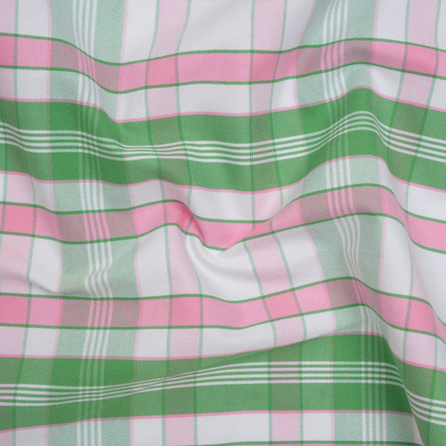 Cotton Oxford Shirting - Bubblegum Pink, Kelly Green and White Plaid - Deadstock