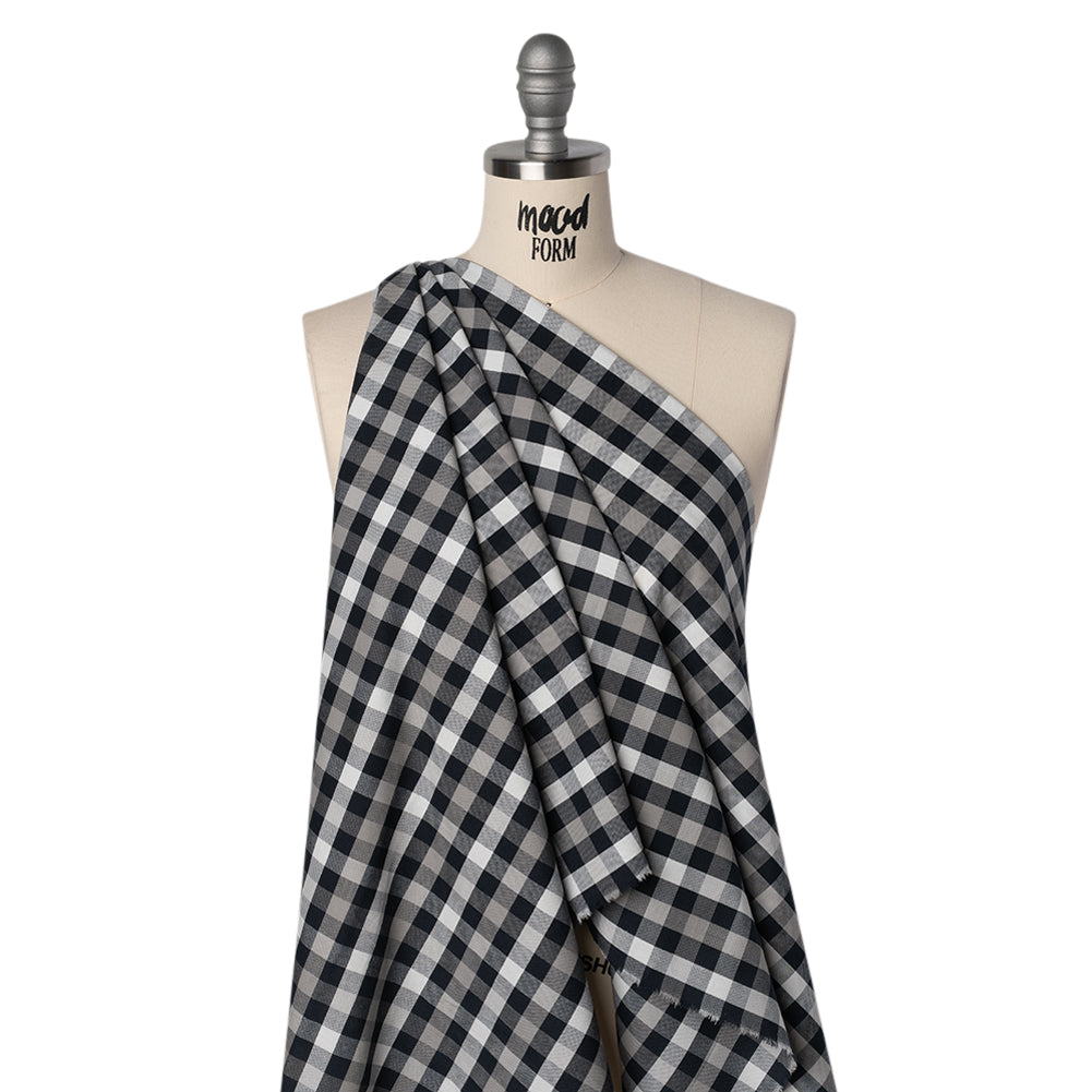 Cotton Oxford Shirting - Midnight Blue, Light Gray and White Checks - Designer Deadstock