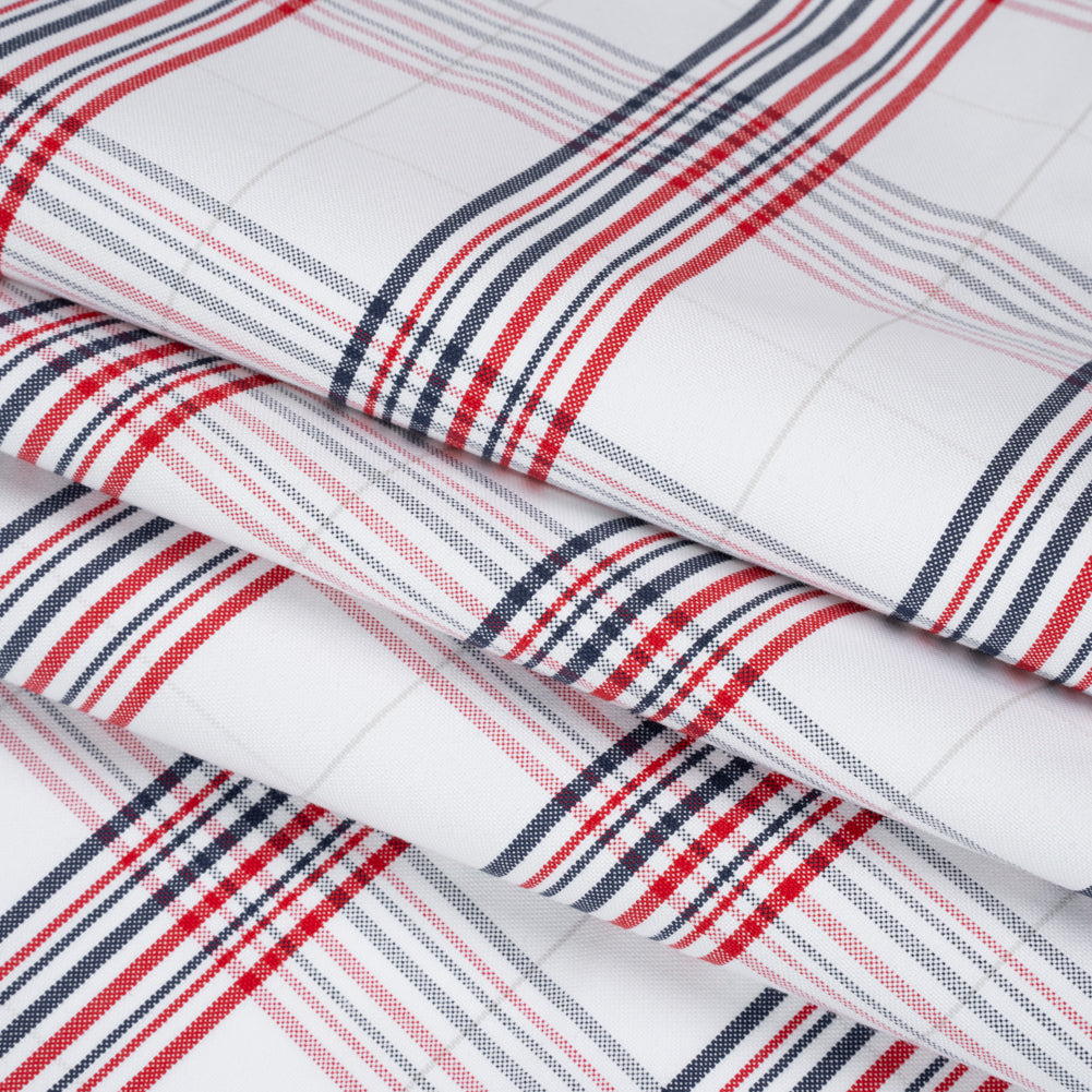 Cotton Oxford Shirting - Navy, Red, and Pale Gray Plaid - Deadstock