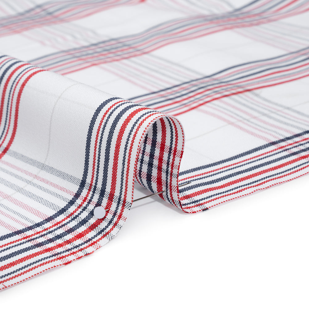 Cotton Oxford Shirting - Navy, Red, and Pale Gray Plaid - Deadstock