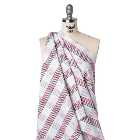 Cotton Oxford Shirting - Navy, Red, and Pale Gray Plaid - Deadstock