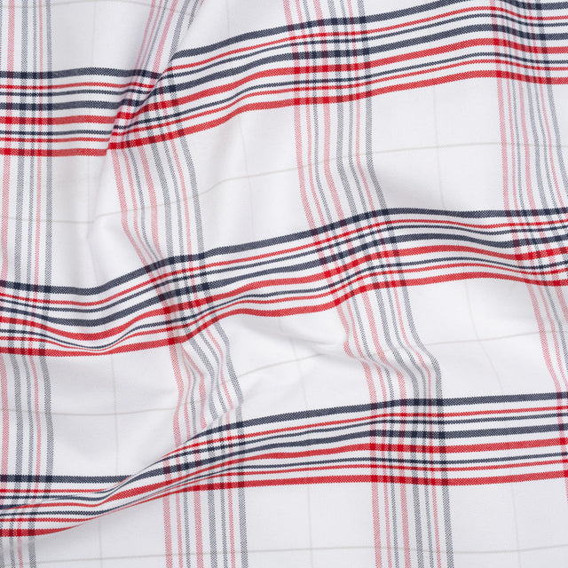 Cotton Oxford Shirting - Navy, Red, and Pale Gray Plaid - Deadstock