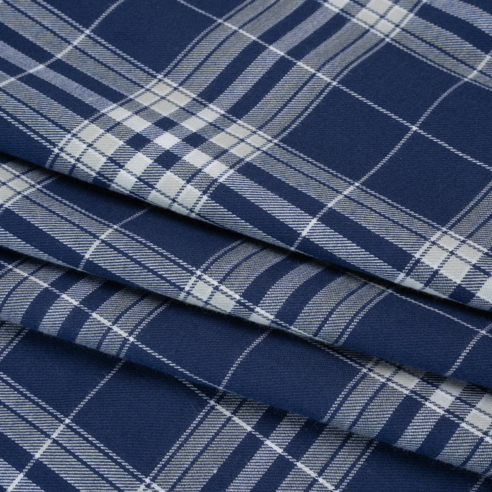 Lightweight Cotton Flannel Twill - Dark Blue, Pale Gray and White Plaid - Deadstock