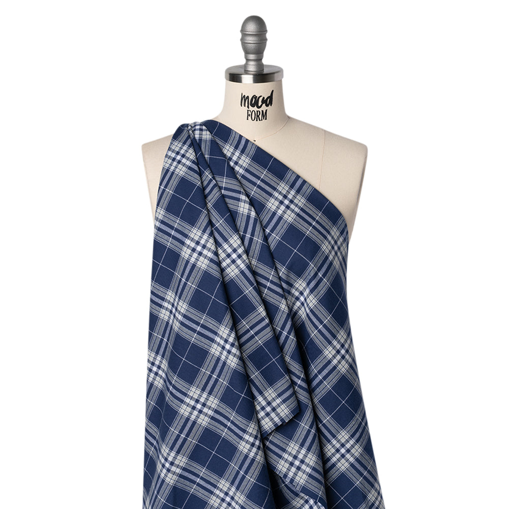 Lightweight Cotton Flannel Twill - Dark Blue, Pale Gray and White Plaid - Deadstock