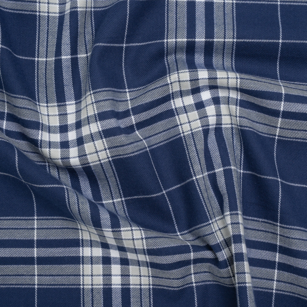 Lightweight Cotton Flannel Twill - Dark Blue, Pale Gray and White Plaid - Deadstock