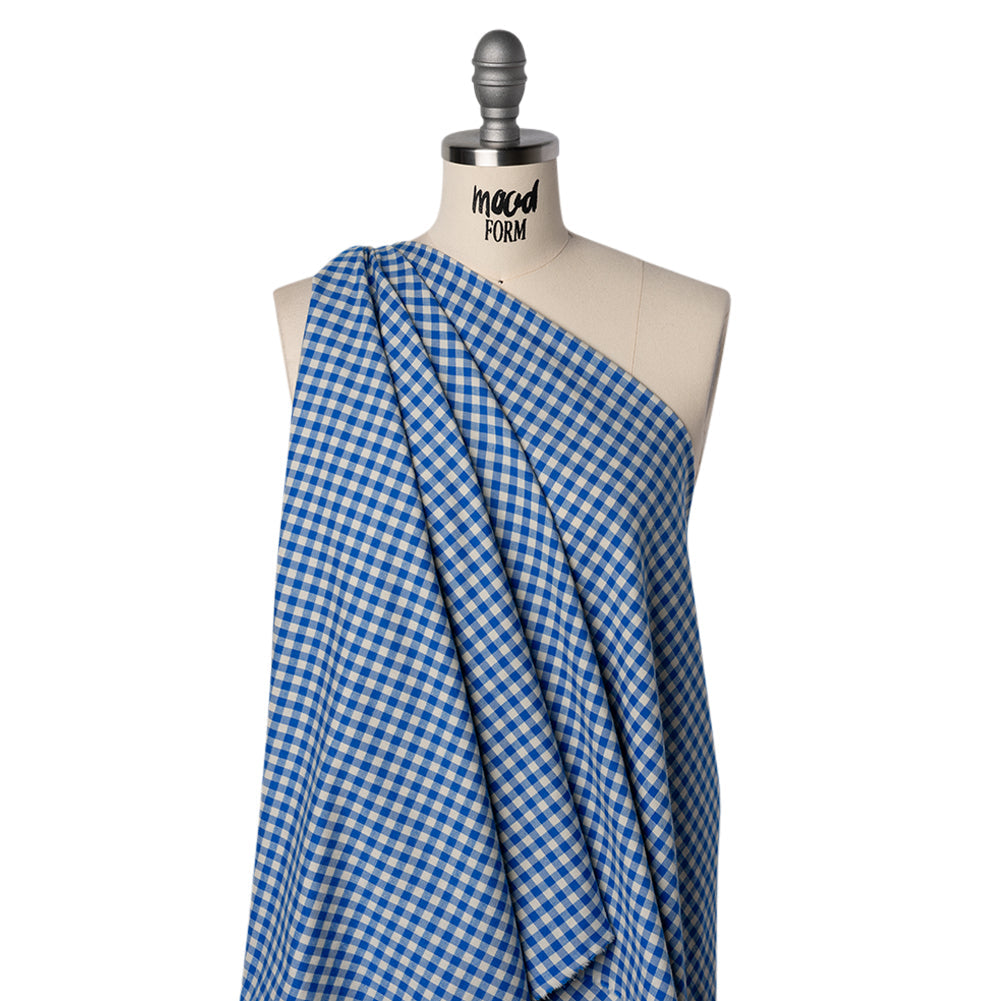 Cotton Twill Flannel - Cerulean Blue and Cream Gingham Check - Designer Deadstock