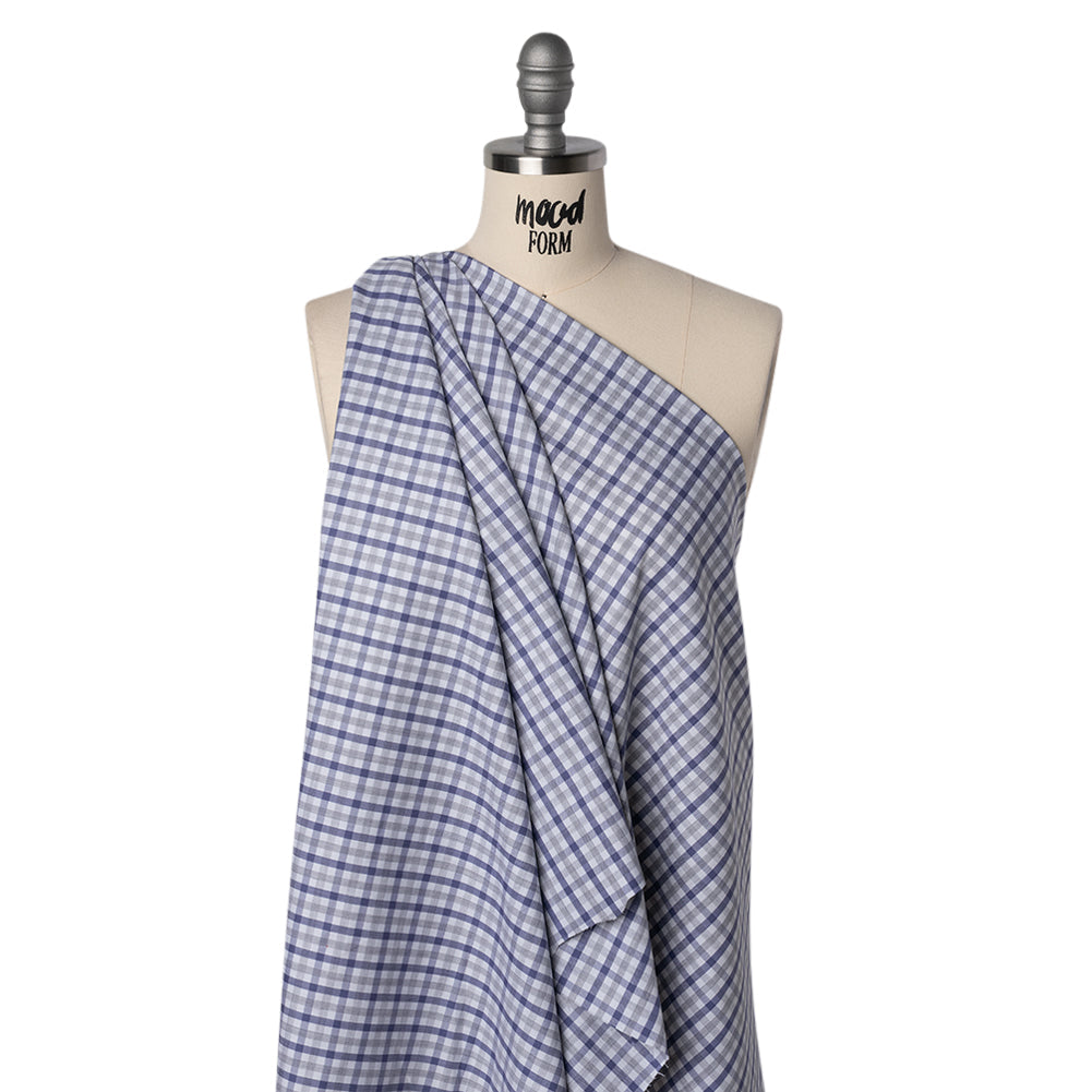 Cotton Herringbone Twill Shirting - Blue, Gray and White Tattersall Check - Deadstock