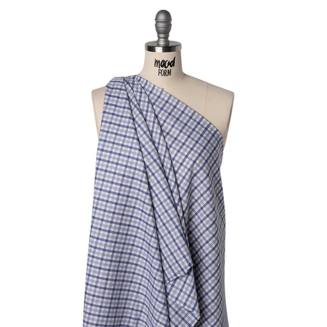Cotton Herringbone Twill Shirting - Blue, Gray and White Tattersall Check - Deadstock