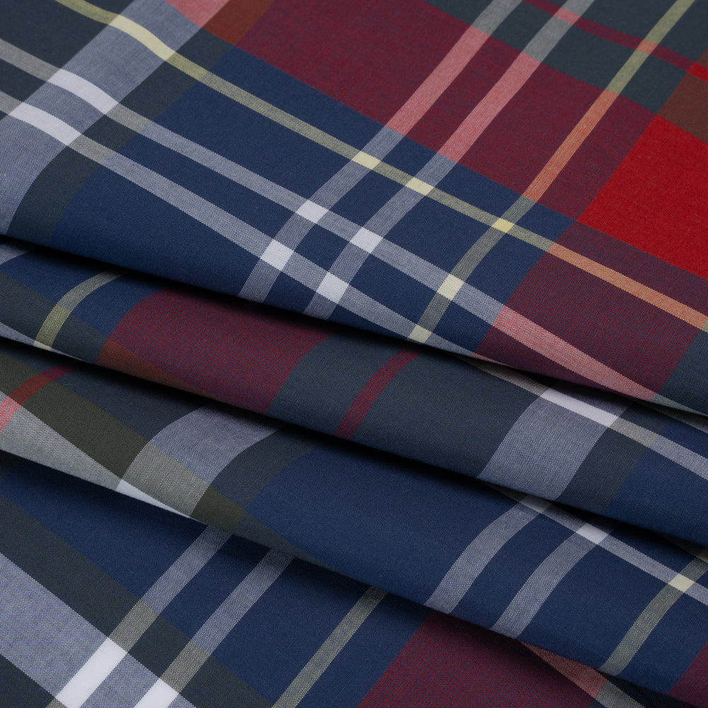 Cotton Shirting - Blue, Red and Olive Green Plaid - Designer Deadstock