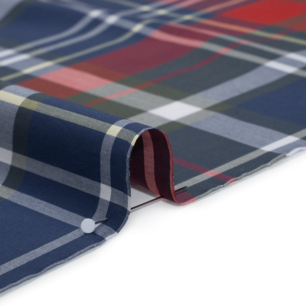 Cotton Shirting - Blue, Red and Olive Green Plaid - Designer Deadstock