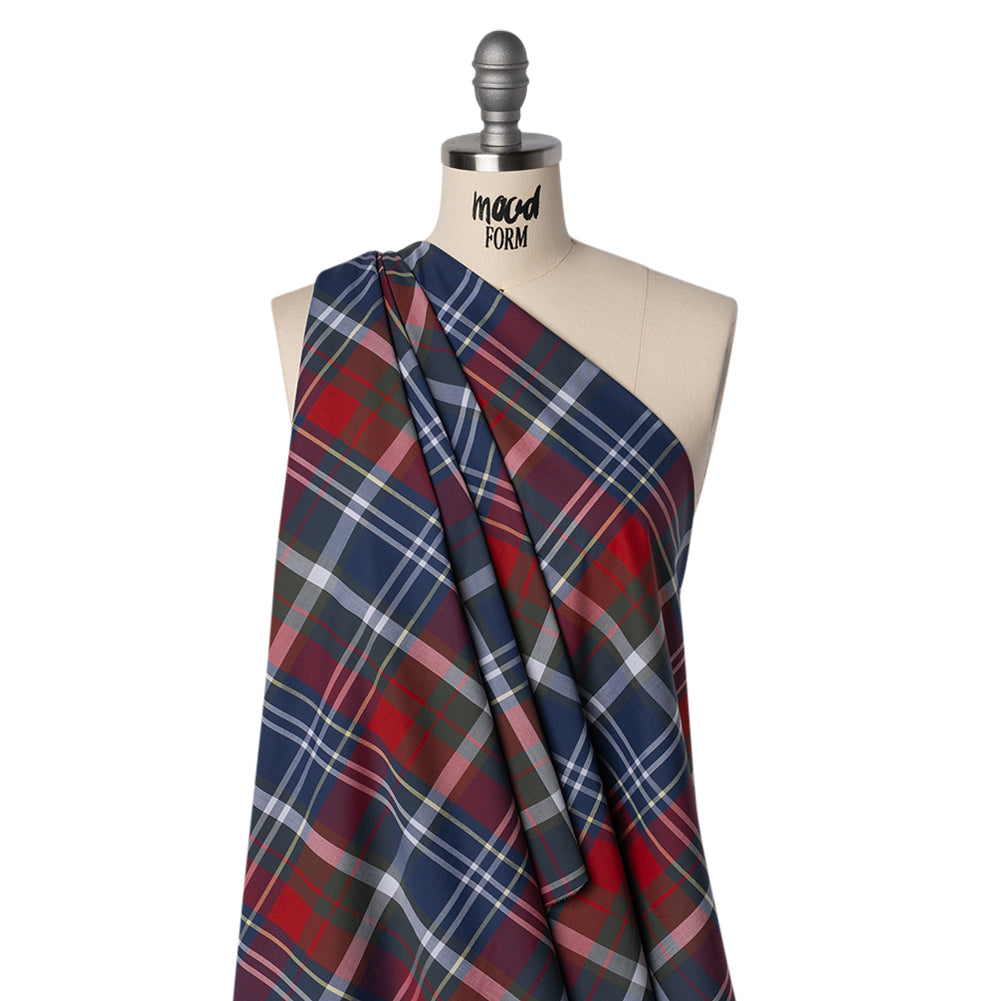 Cotton Shirting - Blue, Red and Olive Green Plaid - Designer Deadstock