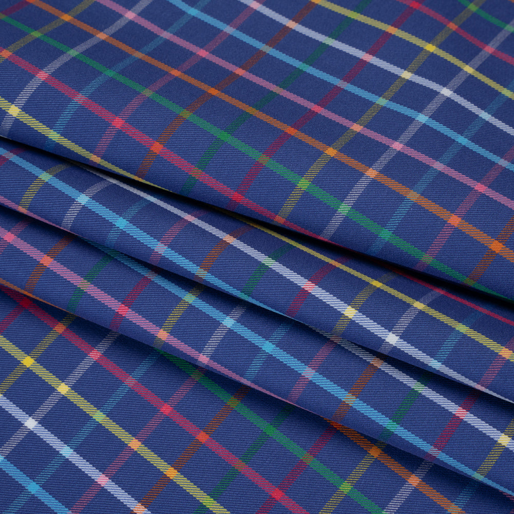 Cotton Twill Shirting - Blue and Rainbow Windowpane Checks - Deadstock