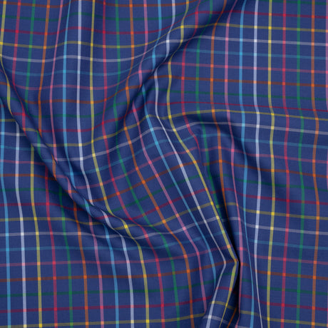 Cotton Twill Shirting - Blue and Rainbow Windowpane Checks - Deadstock