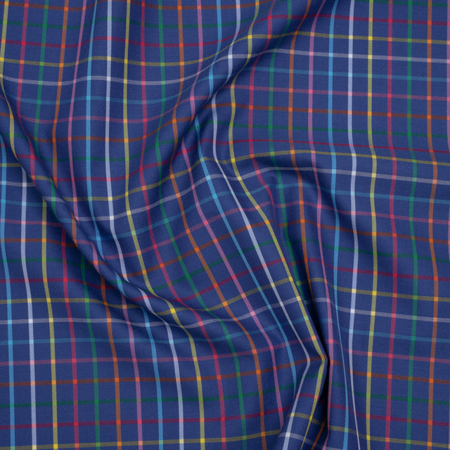 Cotton Twill Shirting - Blue and Rainbow Windowpane Checks - Deadstock