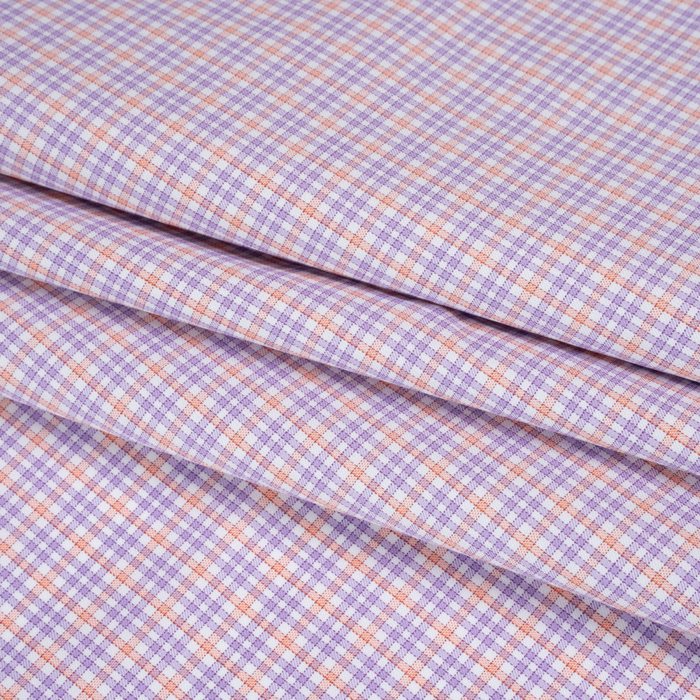 Cotton Twill Shirting - Light Purple, Peachy Orange and White Checks - Designer Deadstock
