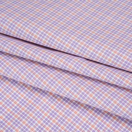 Cotton Twill Shirting - Light Purple, Peachy Orange and White Checks - Designer Deadstock