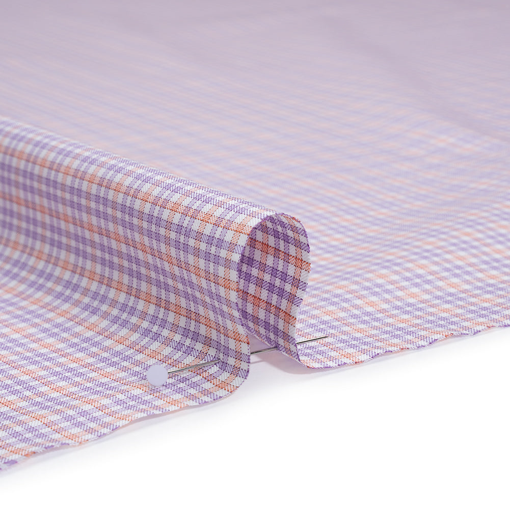 Cotton Twill Shirting - Light Purple, Peachy Orange and White Checks - Designer Deadstock