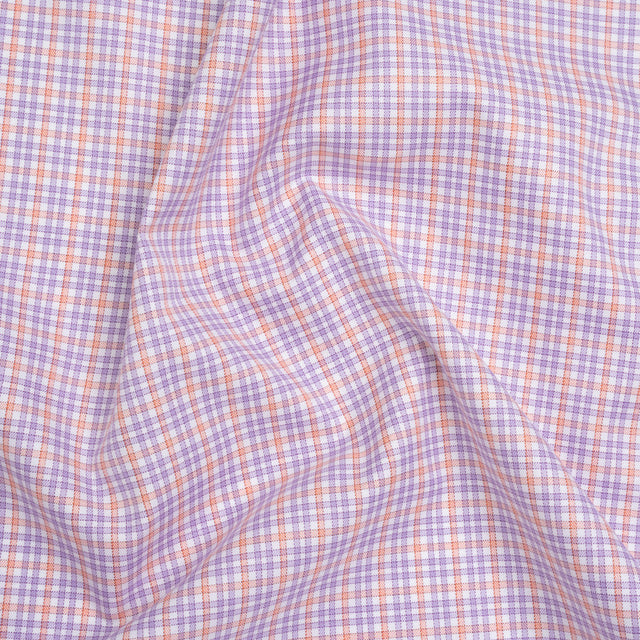 Cotton Twill Shirting - Light Purple, Peachy Orange and White Checks - Designer Deadstock