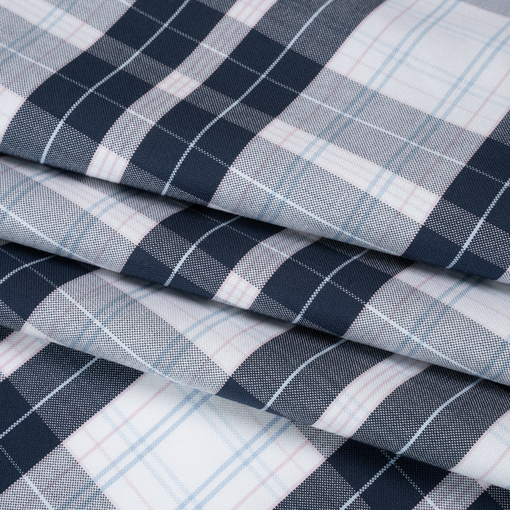 Cotton Oxford Shirting - Navy, Light Blue and Pale Pink Plaid - Deadstock