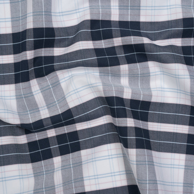 Cotton Oxford Shirting - Navy, Light Blue and Pale Pink Plaid - Deadstock