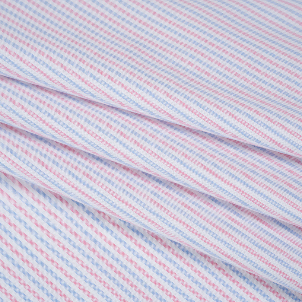 Cotton Oxford Shirting - Pale Blue, Baby Pink and White Candy Stripes - Deadstock