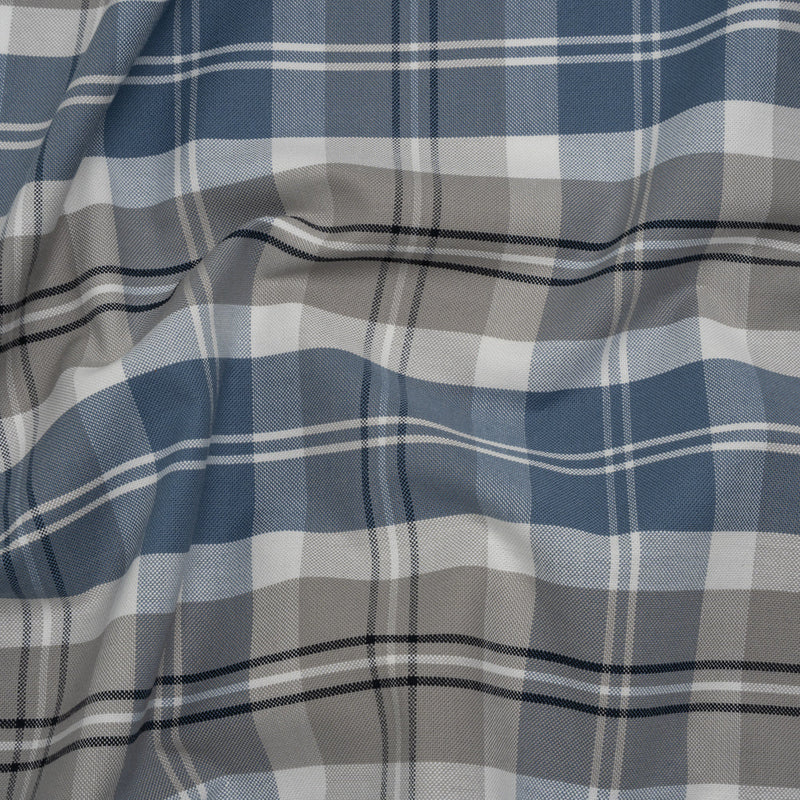 Cotton Oxford Shirting - Country Blue, Steel Gray and Midnight Plaid - Deadstock