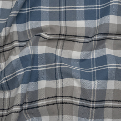 Cotton Oxford Shirting - Country Blue, Steel Gray and Midnight Plaid - Deadstock